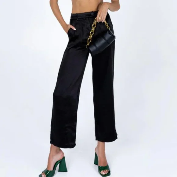 Princess Polly Huxley Black Satin Wide Leg Trouser Pants 8 - Picture 3 of 10